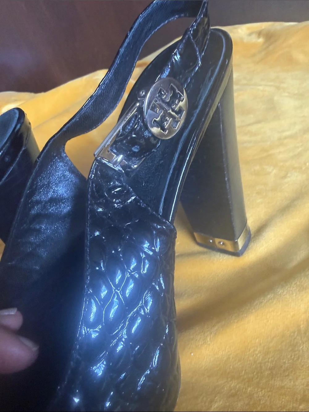 Tory Burch Black Patent Croc-Embossed Peep-Toe Slingback Heels